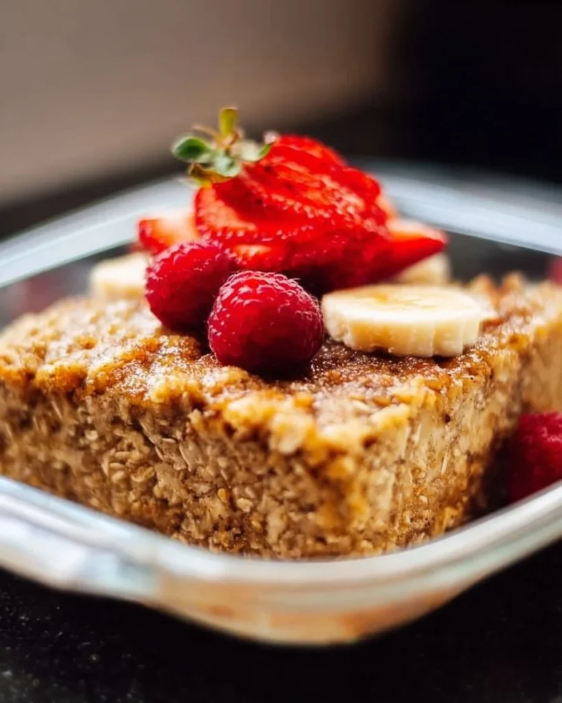 A delicious serving of baked oatmeal topped with fresh fruits and nuts.