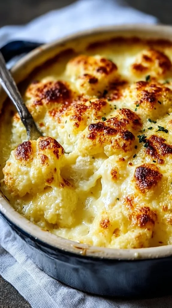Deliciously creamy cauliflower cheese in a baking dish topped with golden cheese.