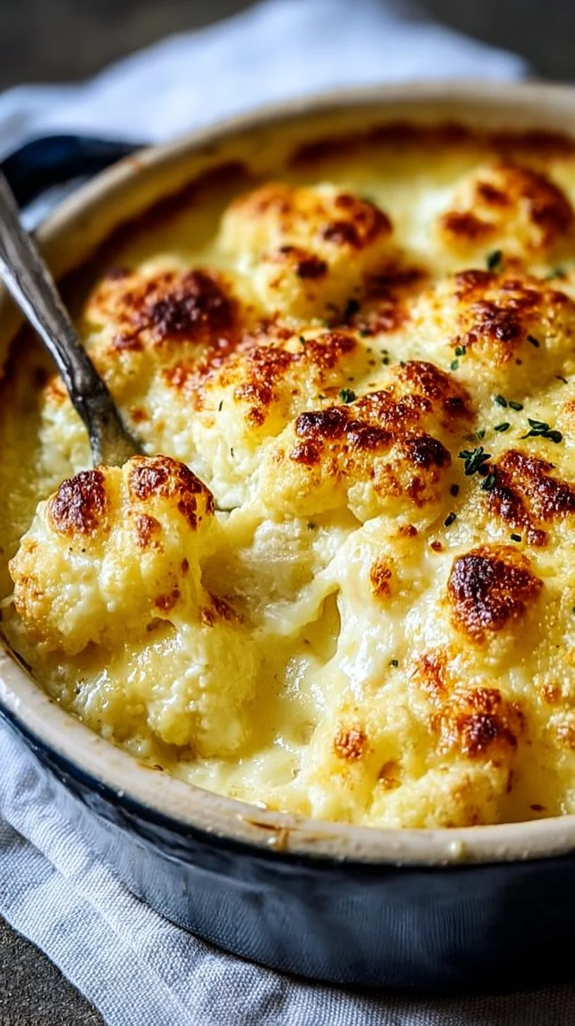 Deliciously creamy cauliflower cheese in a baking dish topped with golden cheese.