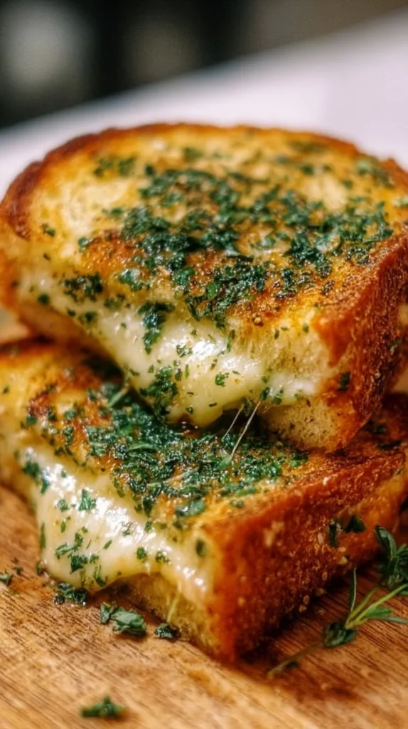 Delicious garlic bread grilled cheese sandwich with melted cheese and crispy crust.