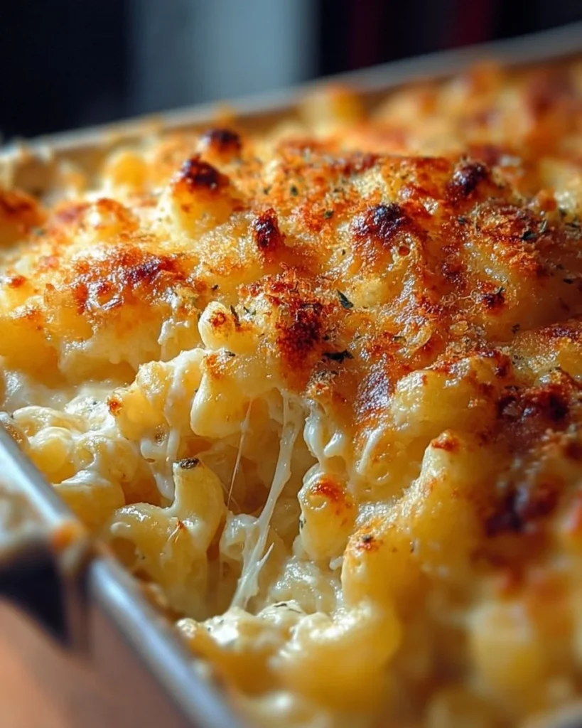 Creamy and cheesy baked mac and cheese in a dish topped with breadcrumbs
