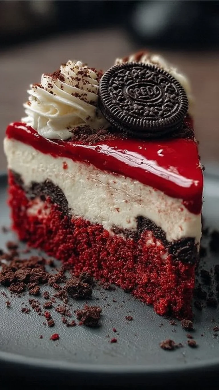 Sliced red velvet Oreo cheesecake on a white plate, garnished with cream cheese frosting.