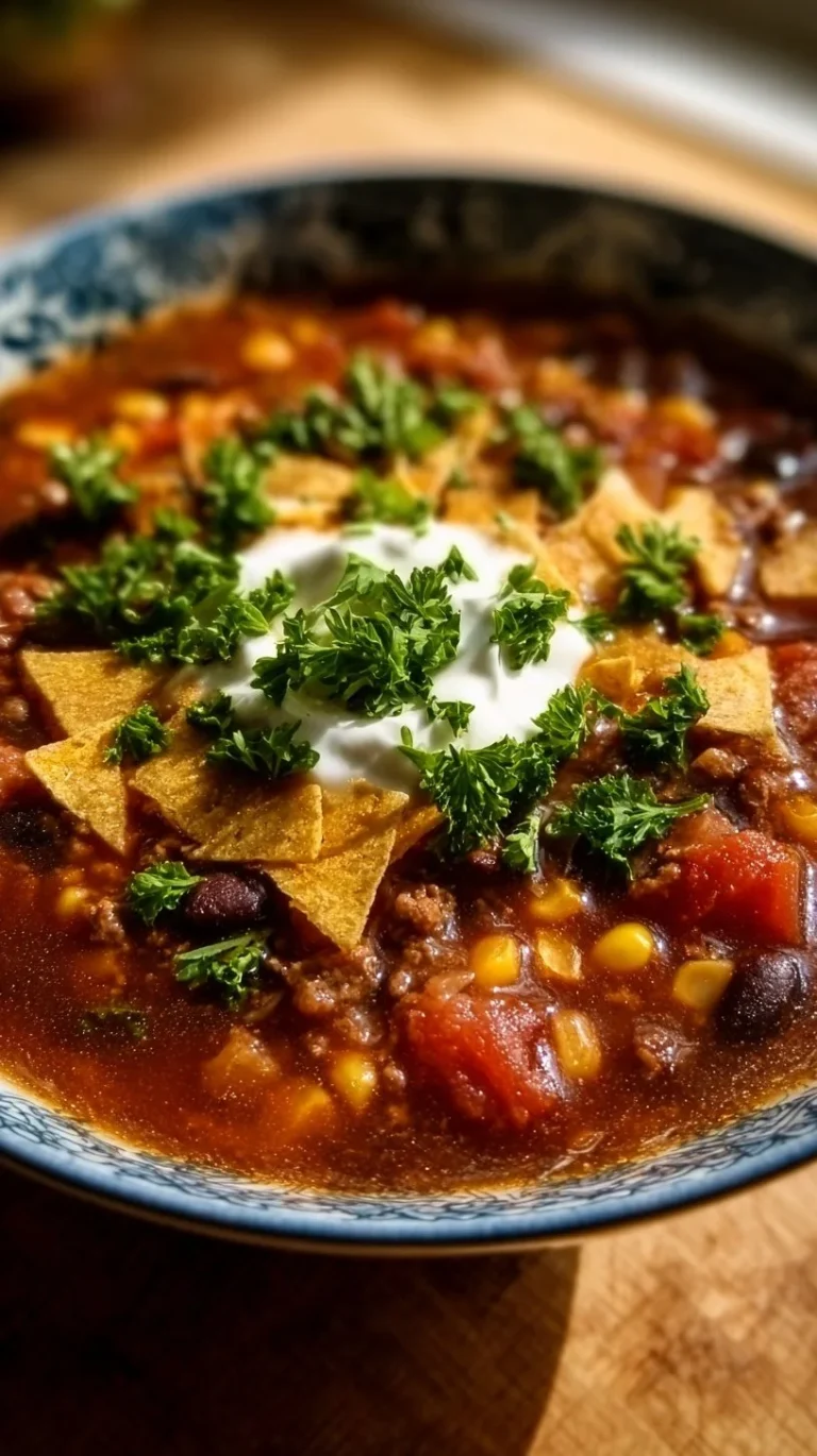 Delicious bowl of taco soup garnished with cheese and cilantro