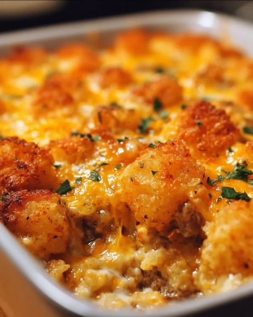 Delicious tater tot casserole served in a dish with toppings