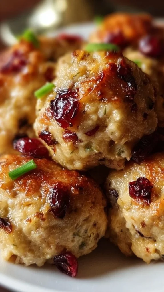 Delicious turkey stuffing balls with cranberry twist on a festive plate