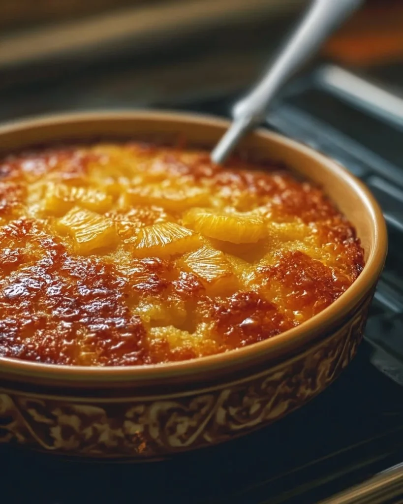 Delicious pineapple bake served warm with a golden crust and pineapple slices