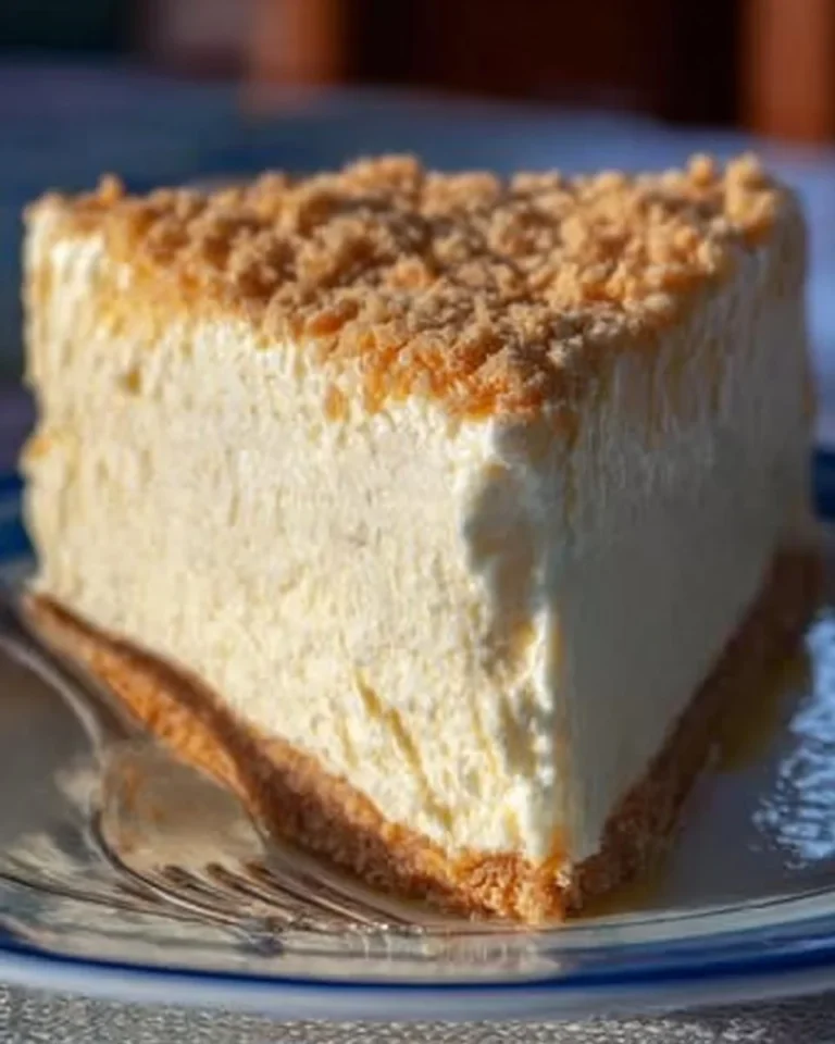 Slice of Woolworth cheesecake on a plate, showcasing its creamy layers and graham crust.