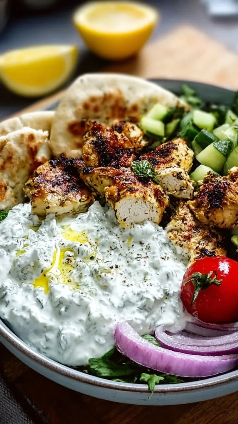 Grilled Tzatziki Chicken garnished with fresh herbs and lemon slices.