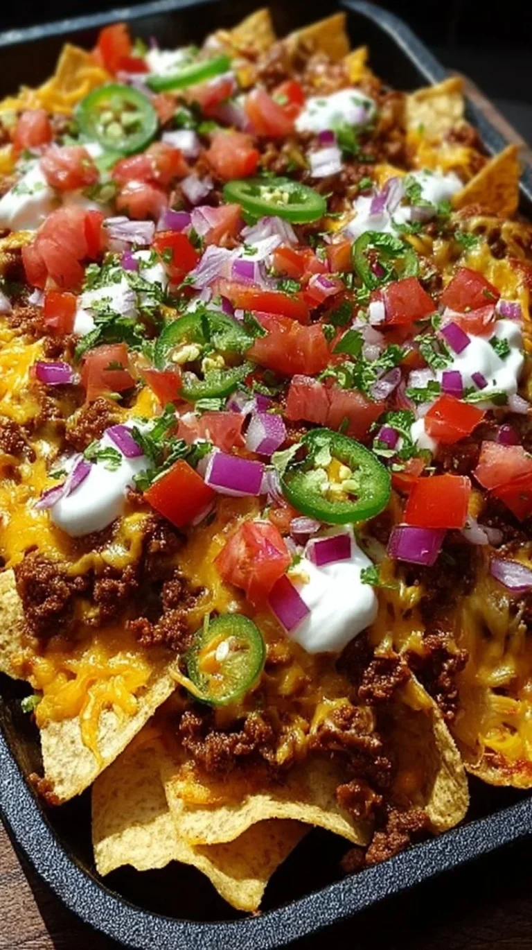 Delicious plate of ultimate loaded nachos topped with cheese, jalapeños, and guacamole