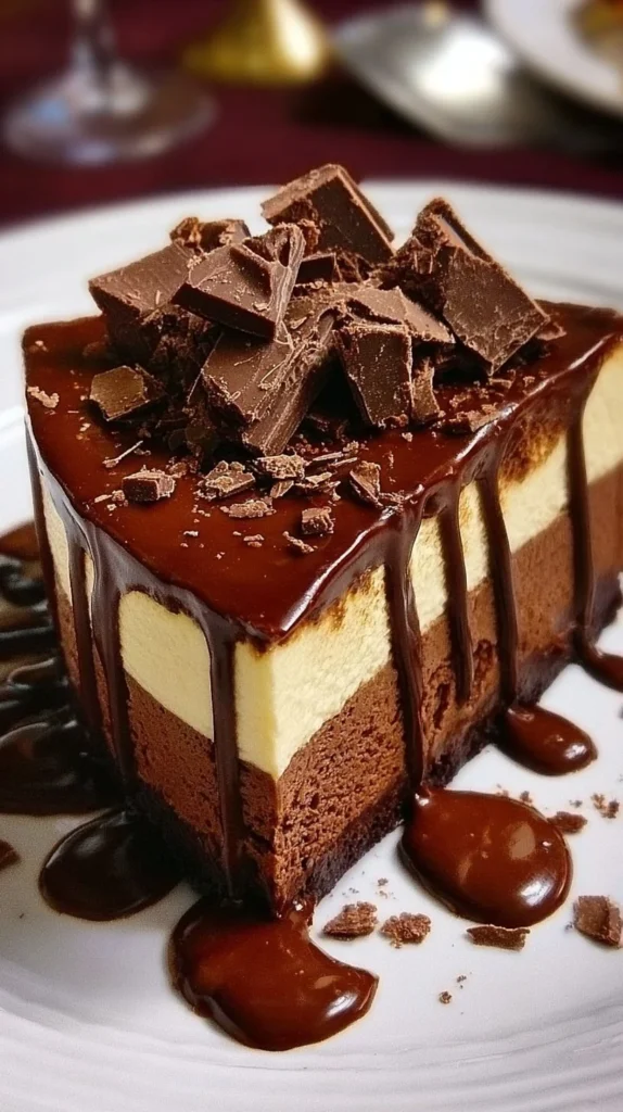 Ultimate Triple Chocolate Fudge Cheesecake with rich chocolate layers