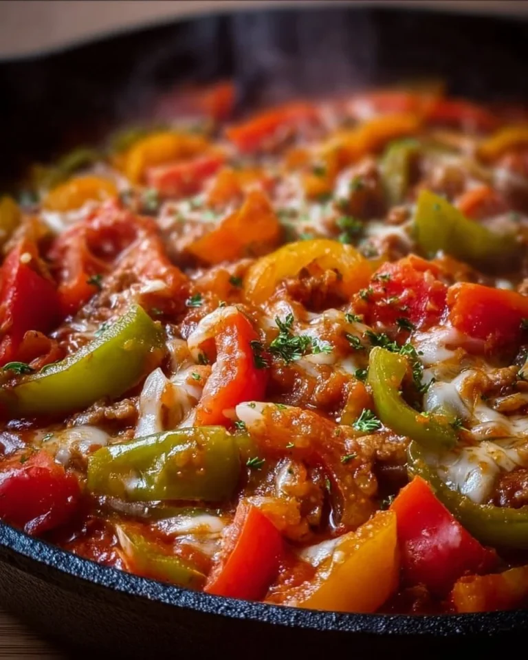 Delicious unstuffed pepper skillet served in a cast iron pan with fresh herbs