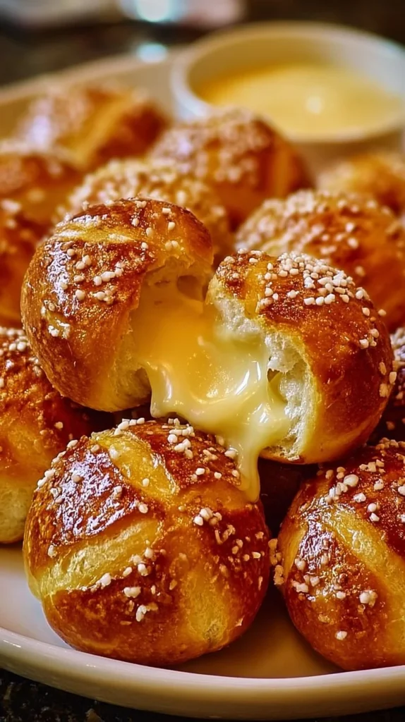 Warm gooey cheesy pretzel bites served on a plate