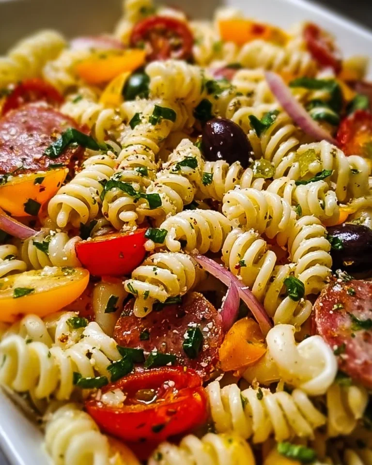 Bowl of zesty Italian pasta salad with vegetables and dressing