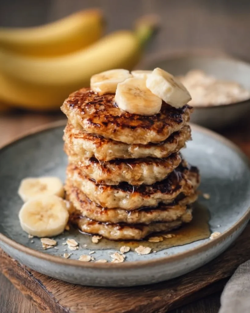 Three ingredient banana oatmeal pancakes stacked on a plate with syrup.