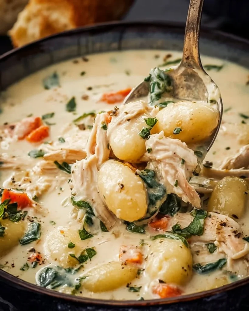 Bowl of homemade Chicken Gnocchi Soup ready to serve in 30 minutes.