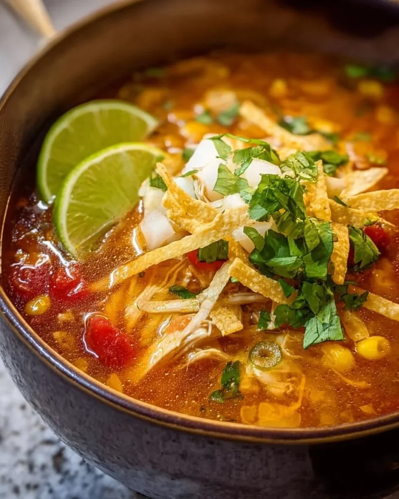 Bowl of 30 Minute Chicken Tortilla Soup topped with crispy tortilla strips