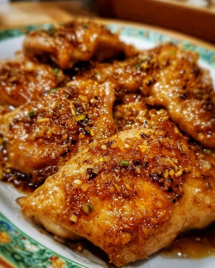 Delicious brown sugar garlic chicken garnished with herbs on a plate