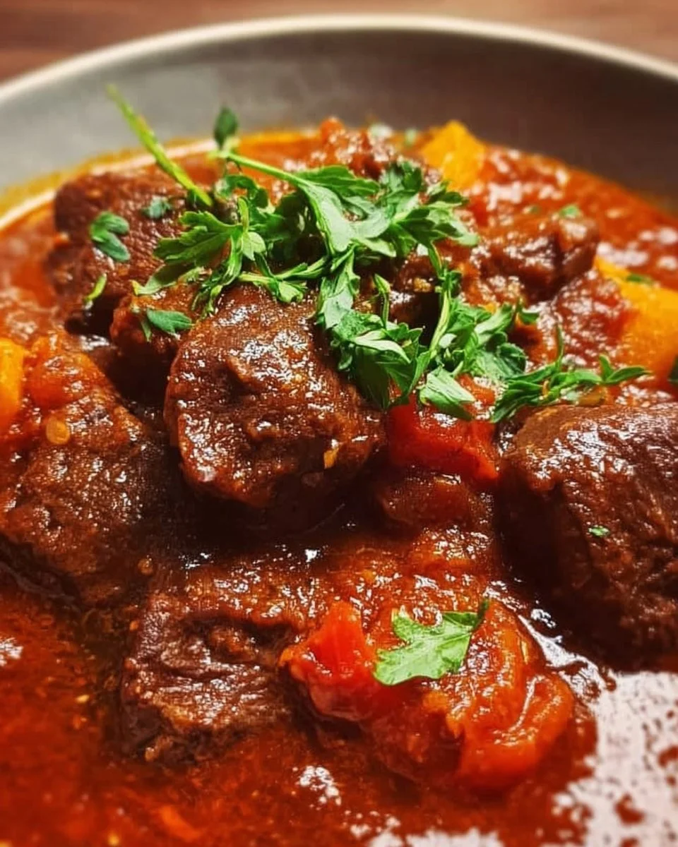 Delicious African beef stew served in a rustic bowl with fresh herbs.