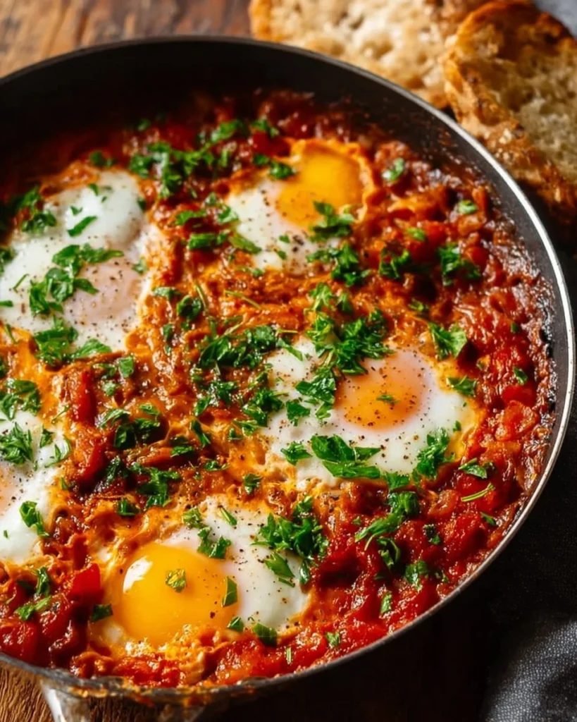 Authentic Shakshuka dish with eggs and tomato sauce