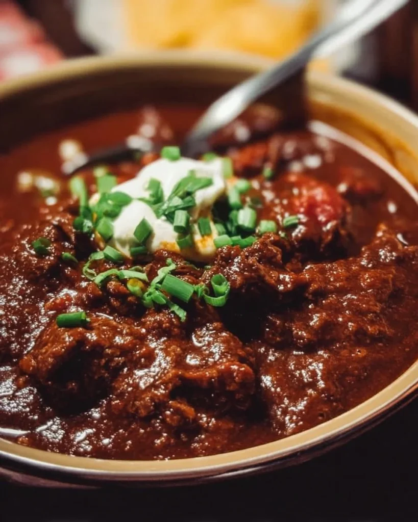 Bowl of authentic Texas chili topped with cheese and onions