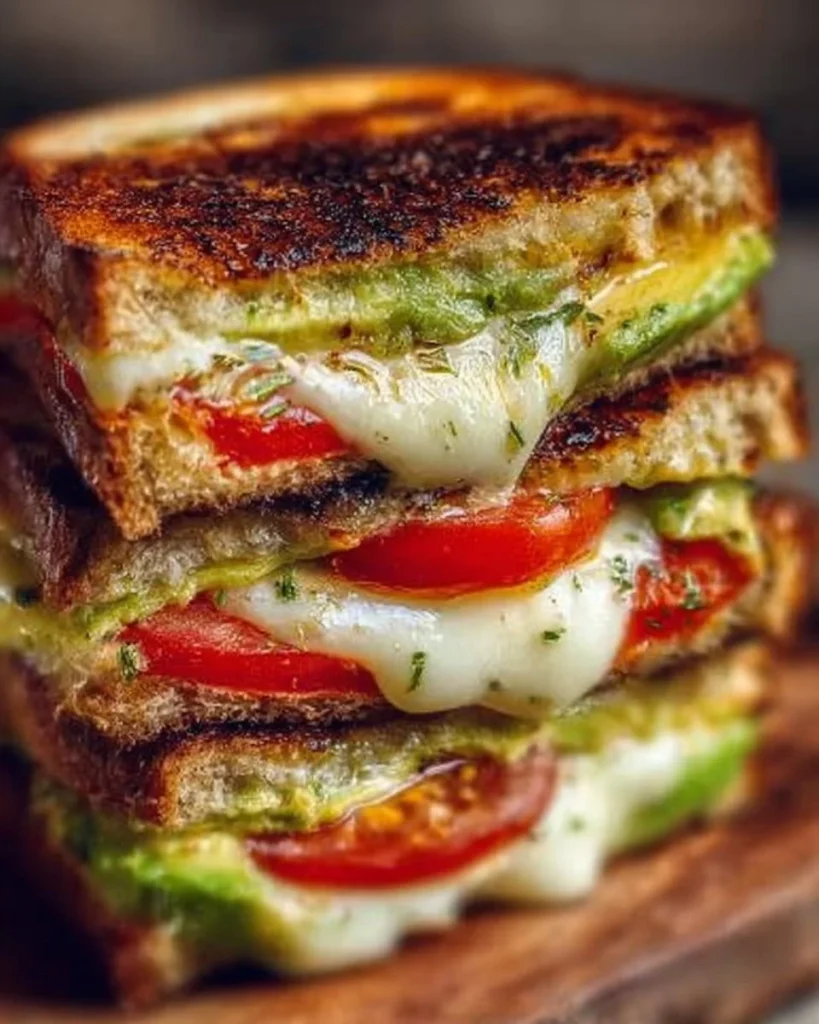 Avocado mozzarella tomato grilled cheese sandwich on a plate