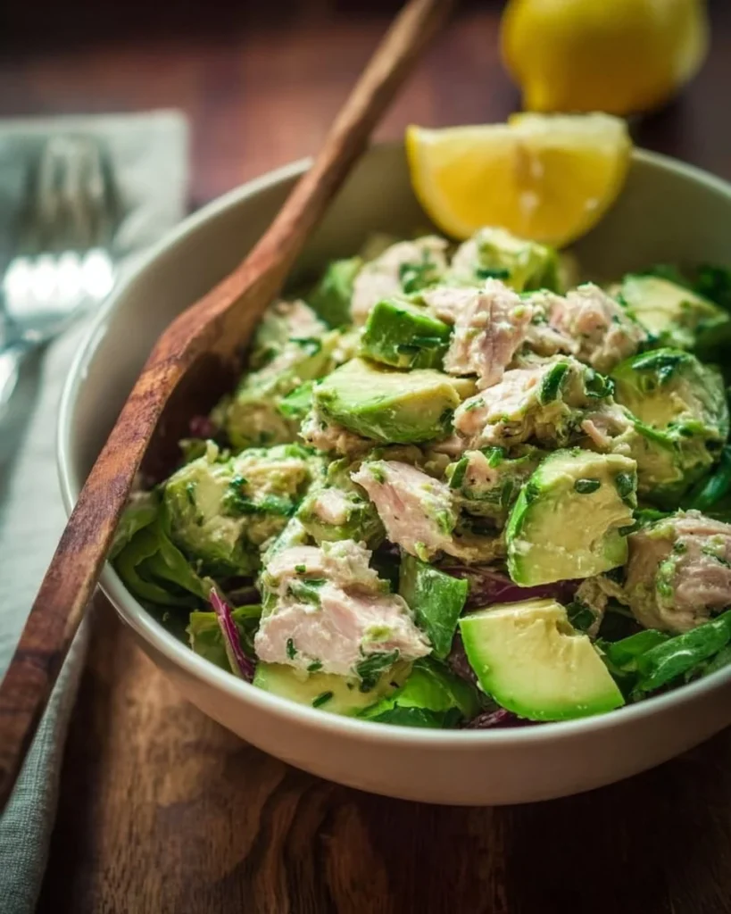 A vibrant Avocado Tuna Salad served in a bowl with fresh ingredients.
