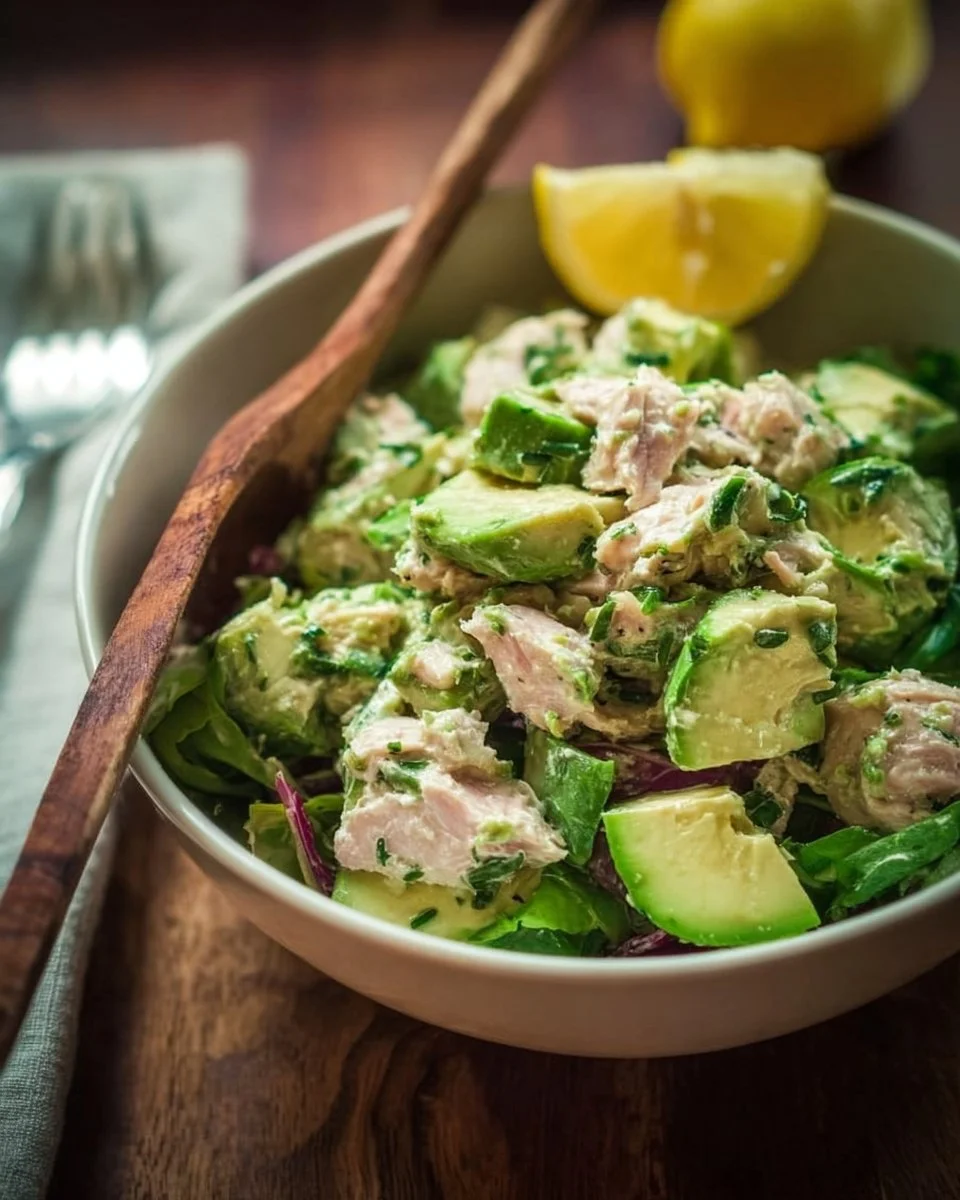 A vibrant Avocado Tuna Salad served in a bowl with fresh ingredients.