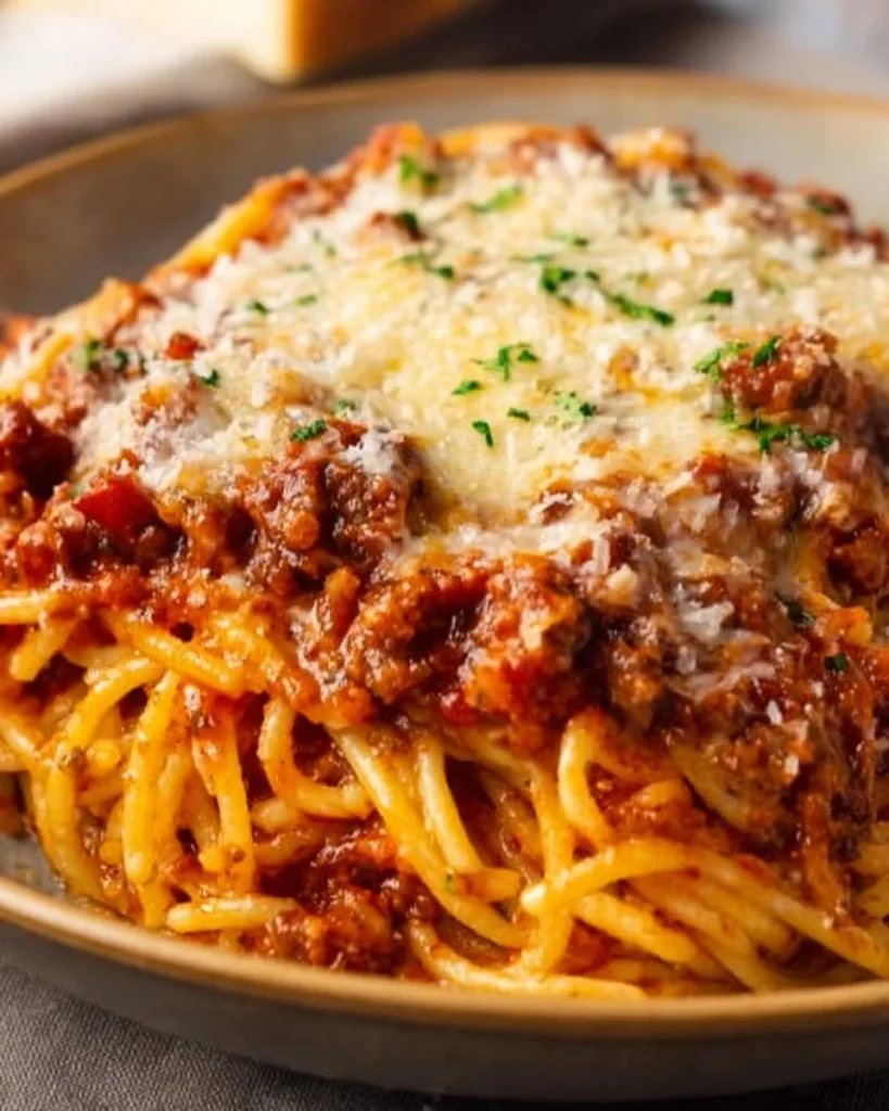 Baked cream cheese spaghetti topped with melted cheese and herbs