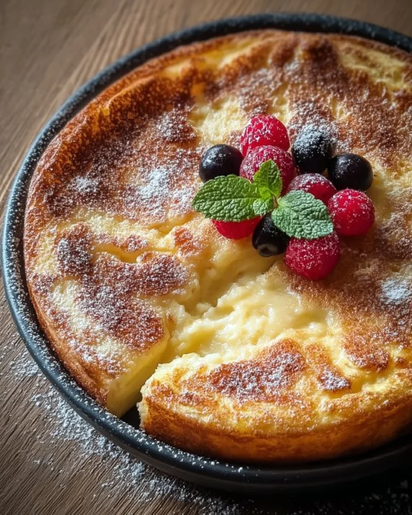 Fluffy Baked German Pancake topped with fresh fruit and powdered sugar