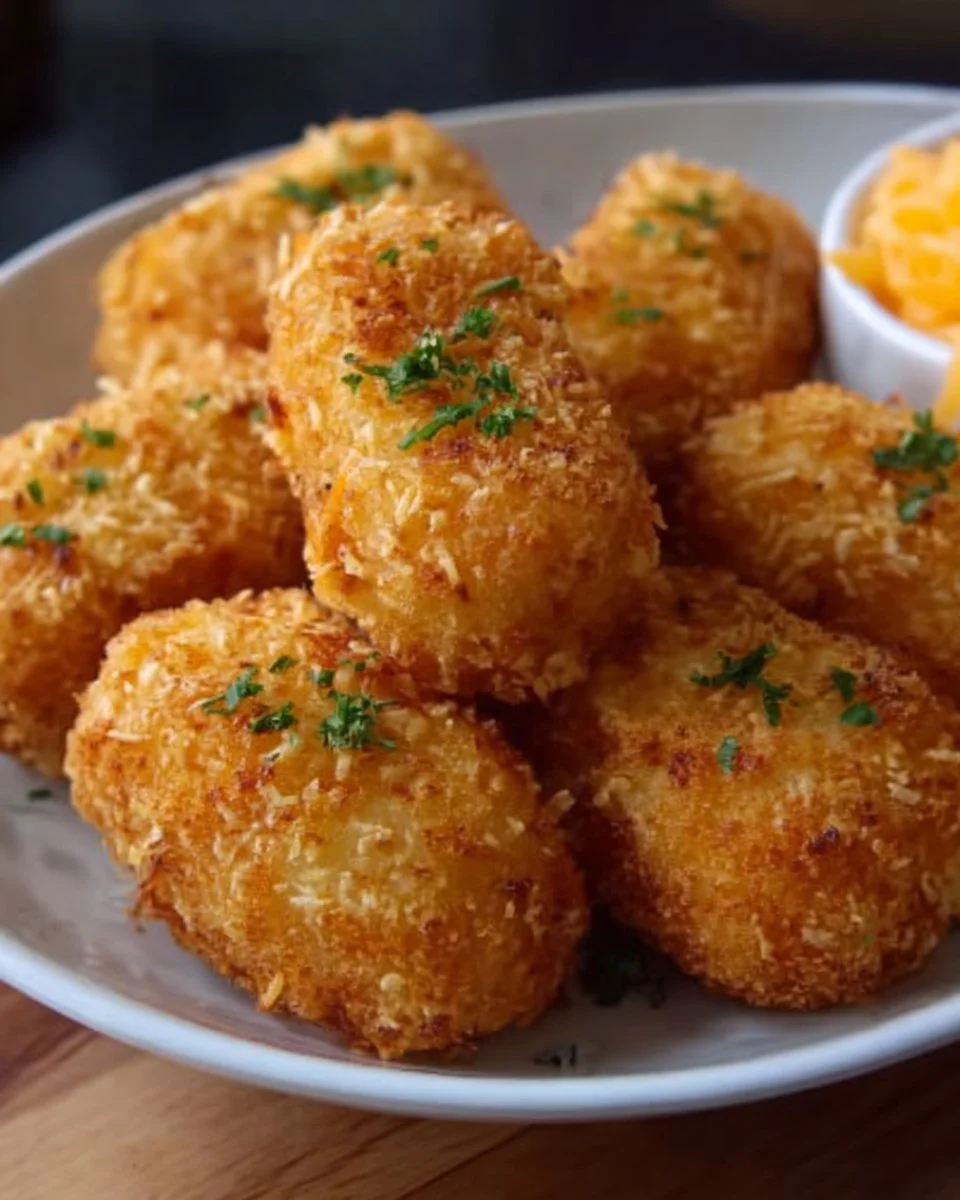 Baked potato cheesy croquettes served on a plate garnished with herbs.