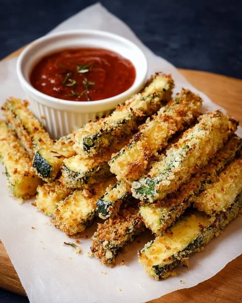 Crispy baked zucchini fries on a plate, served as a healthy snack