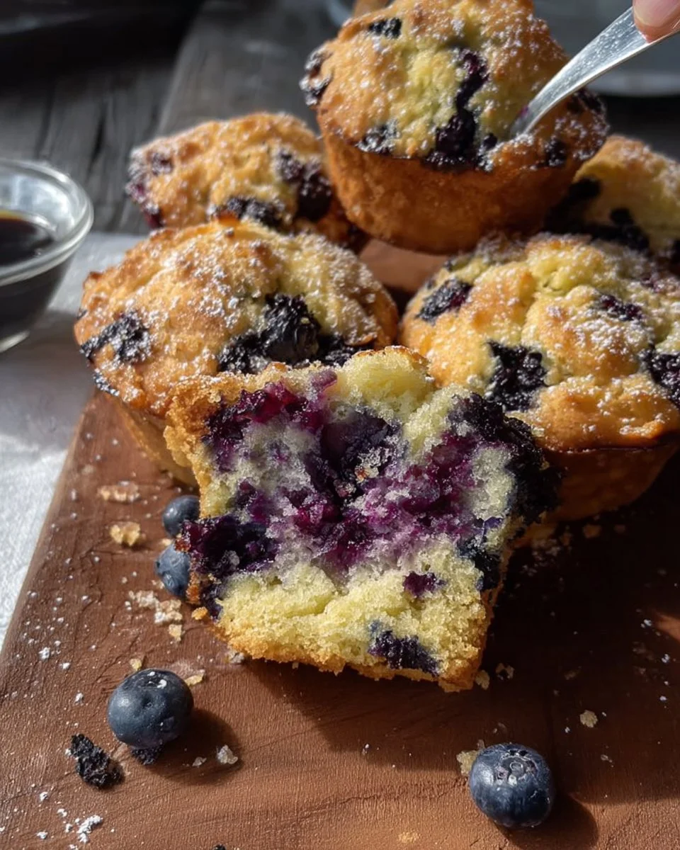 Freshly baked bakery style blueberry muffins with a golden crust