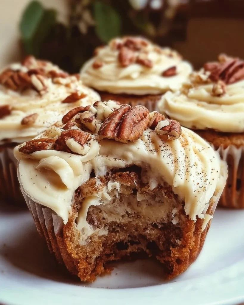 Banana Cinnamon Pecan Cupcakes with Cream Cheese Frosting on a plate
