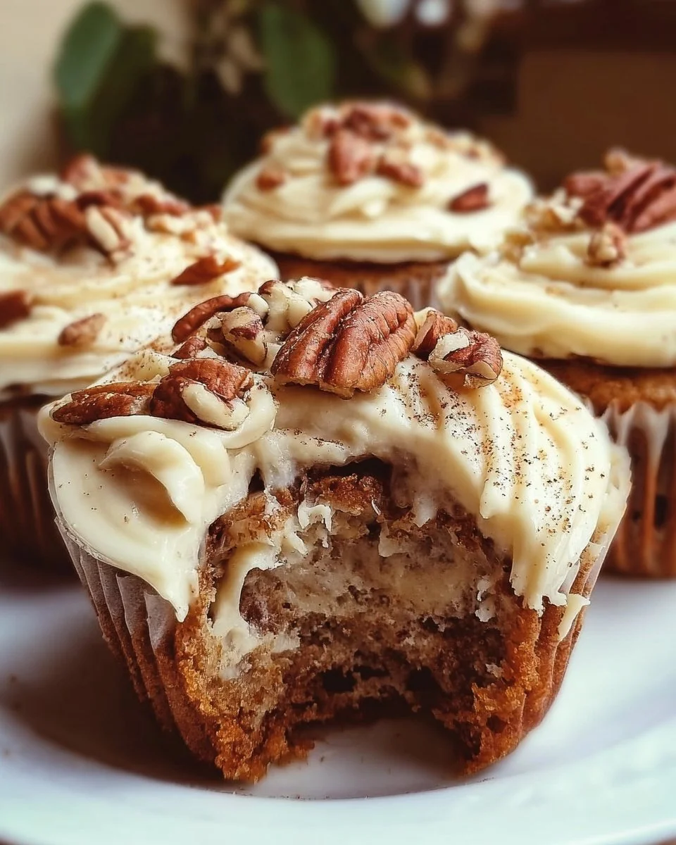 Banana Cinnamon Pecan Cupcakes with Cream Cheese Frosting on a plate