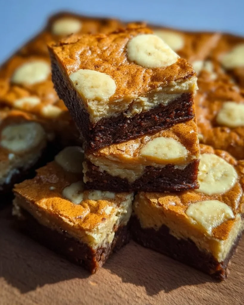 Delicious banana pudding brownies topped with banana slices and creamy frosting
