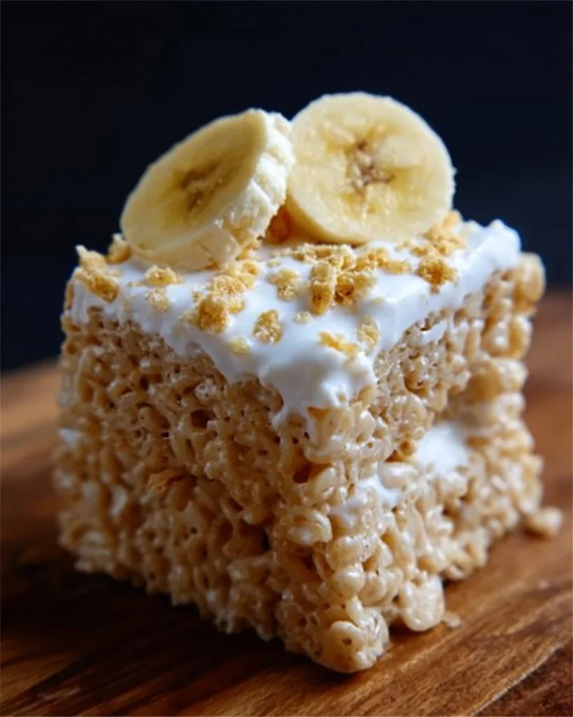 Delicious Banana Pudding Rice Krispie Treats in a dish, perfect for dessert lovers.