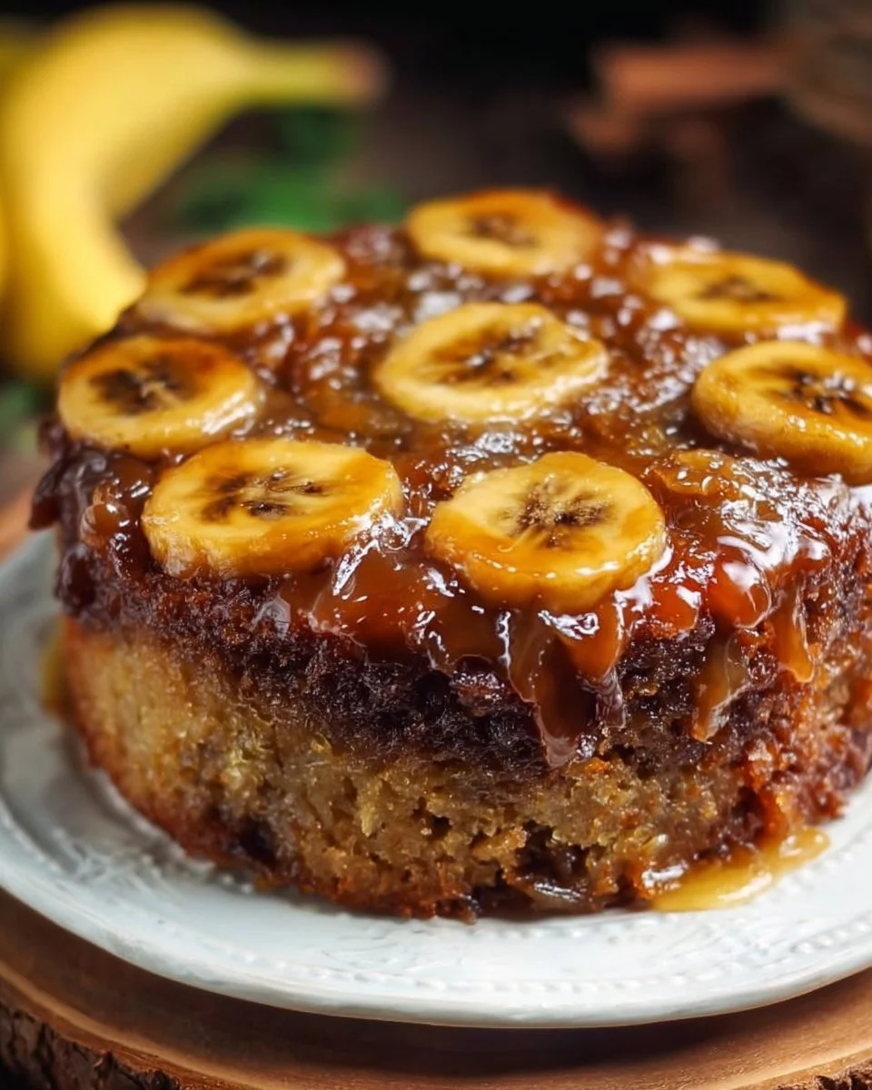 Delicious Banana Upside-Down Cake served on a plate with caramelized bananas