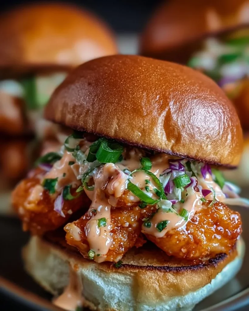 Bang Bang Chicken Sliders served on a platter with fresh toppings.