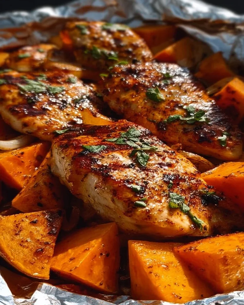BBQ chicken and sweet potato foil packets ready for grilling