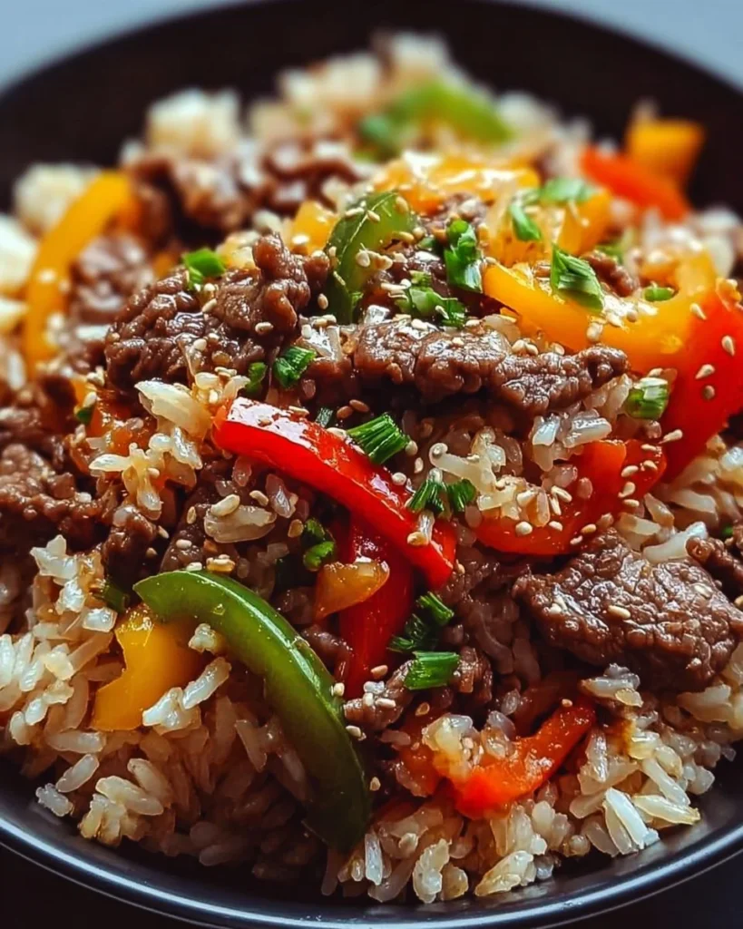 Delicious Beef and Pepper Rice Bowl with colorful peppers and tender beef.
