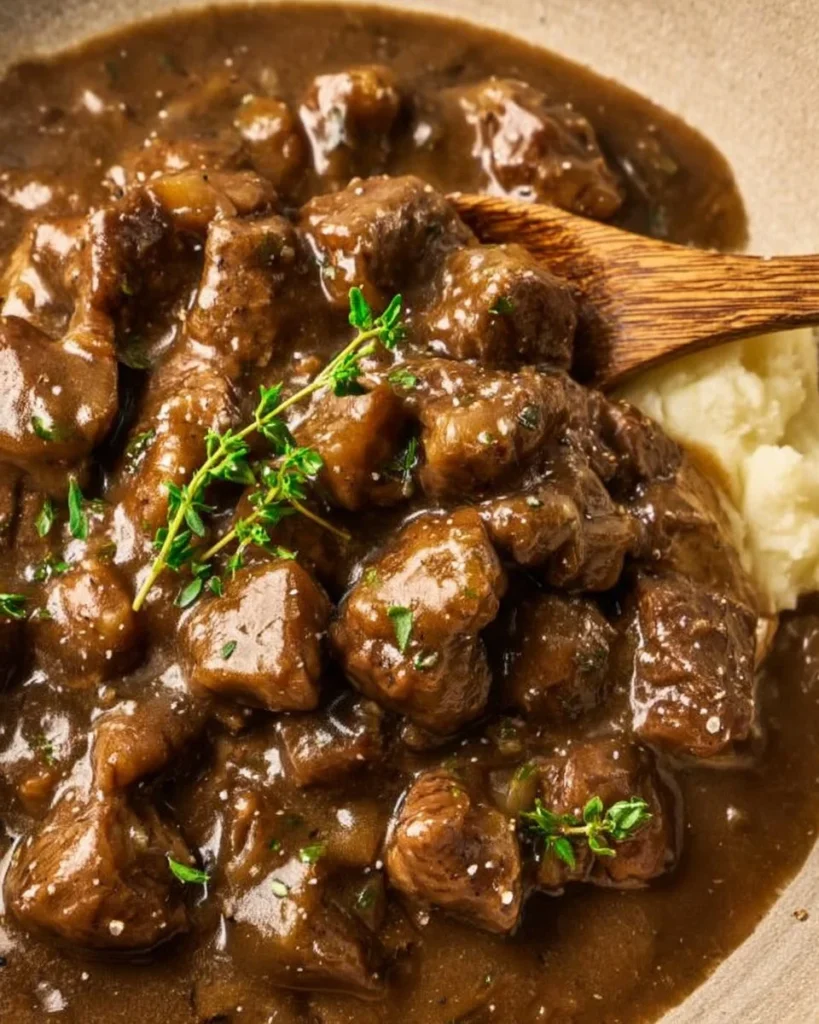 Hearty beef tips cooked in savory gravy served on a plate.