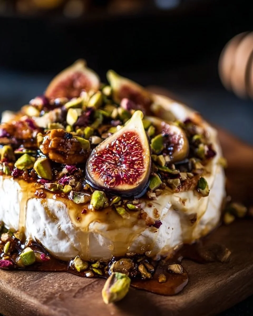Best baked brie with honey, fig, and pistachio served on a platter.