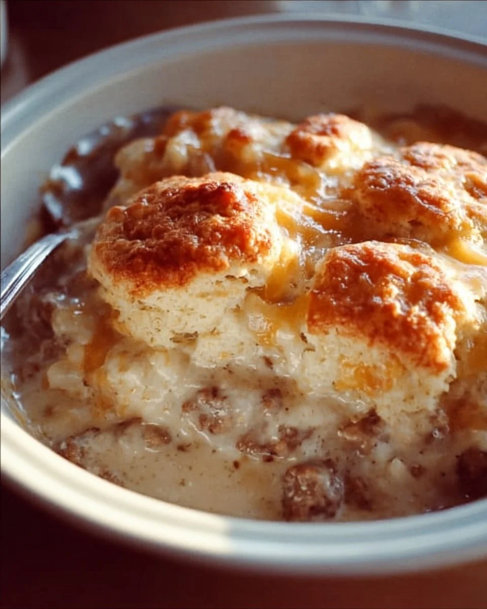 Delicious biscuit and gravy casserole served warm in a dish