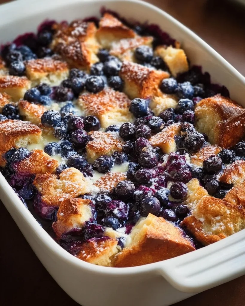Delicious blueberry french toast casserole baked with fresh blueberries and syrup