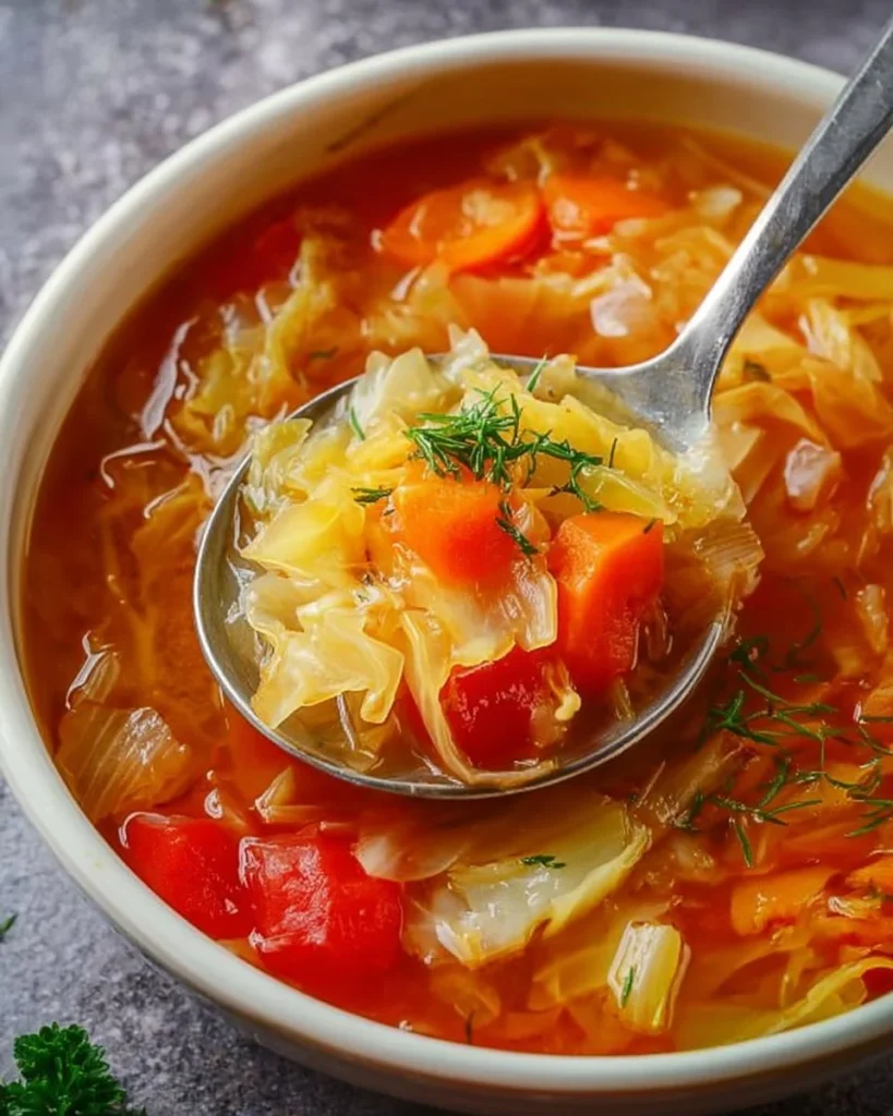 A bowl of healthy cabbage fat burning soup with fresh vegetables