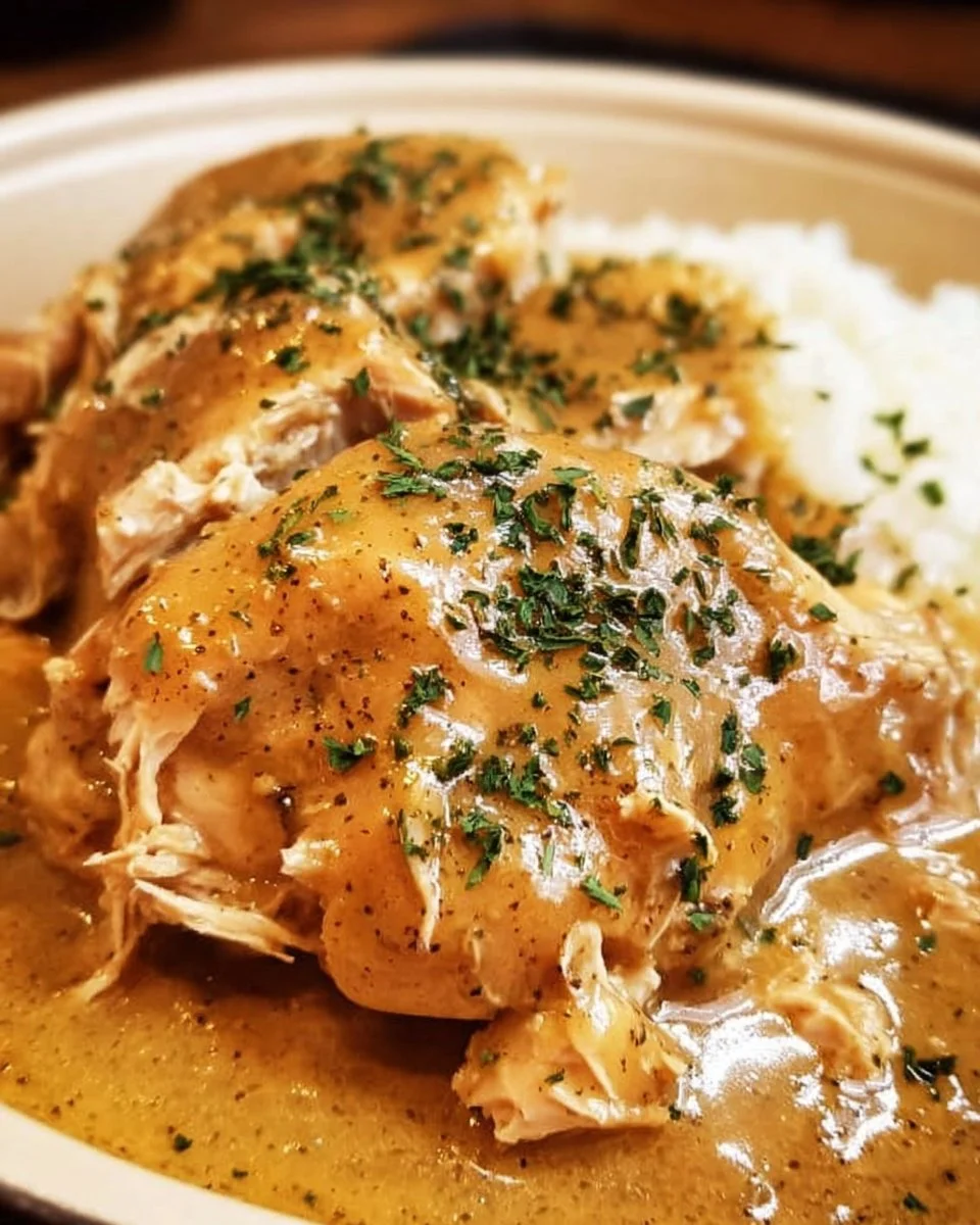 Delicious Crockpot Chicken and Gravy served on a plate