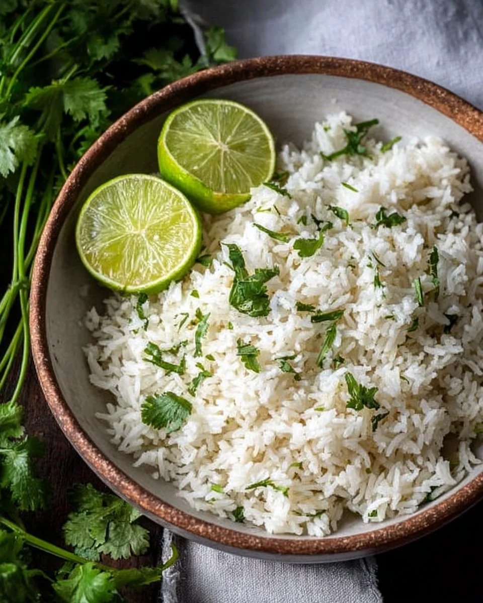 Bowl of easy cilantro lime rice garnished with fresh lime and cilantro
