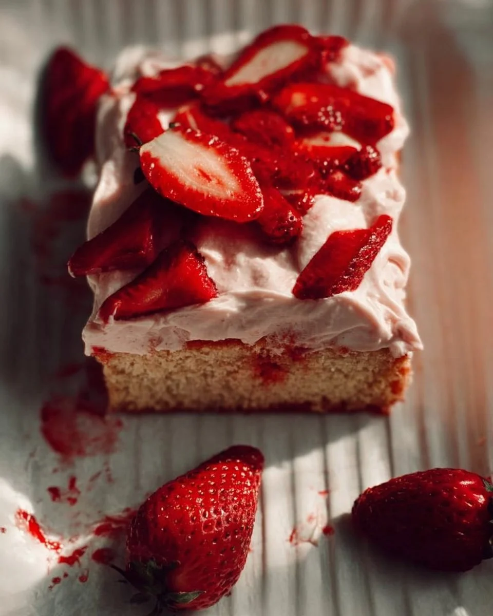 Delicious strawberry sheet cake topped with fresh strawberries and whipped cream
