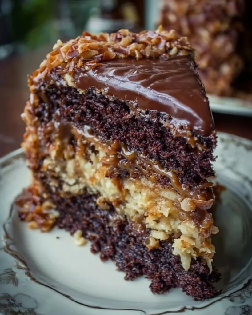 Delicious slice of German Chocolate Cake topped with coconut and pecans