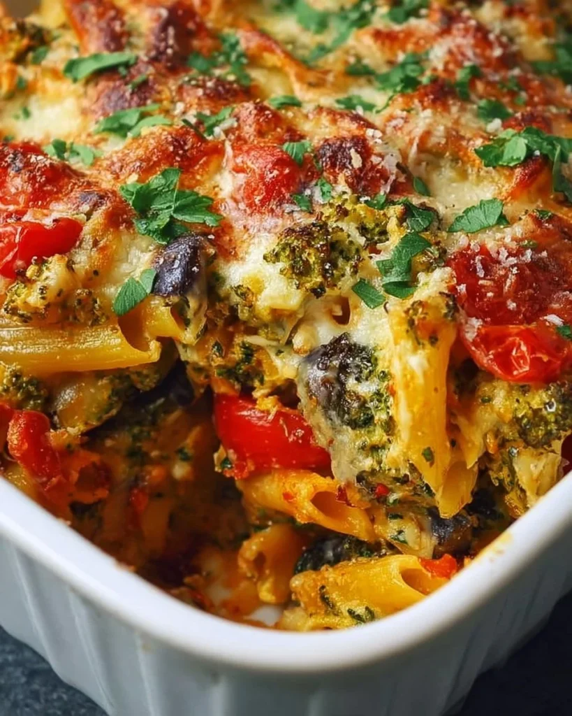 Delicious Mediterranean Vegetable Pasta Bake with colorful vegetables and pasta